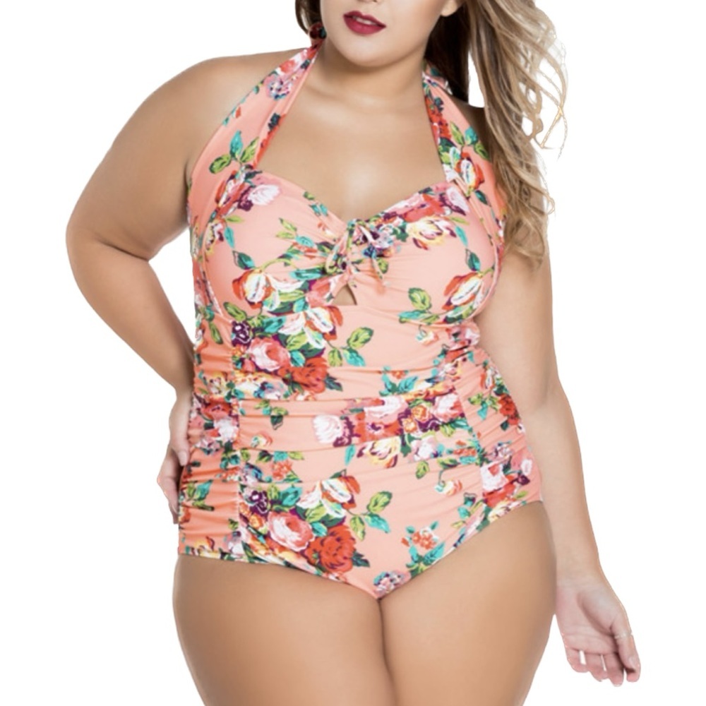 Retro Pinup Style Floral One Piece Halter Swimsuit Size 3X
